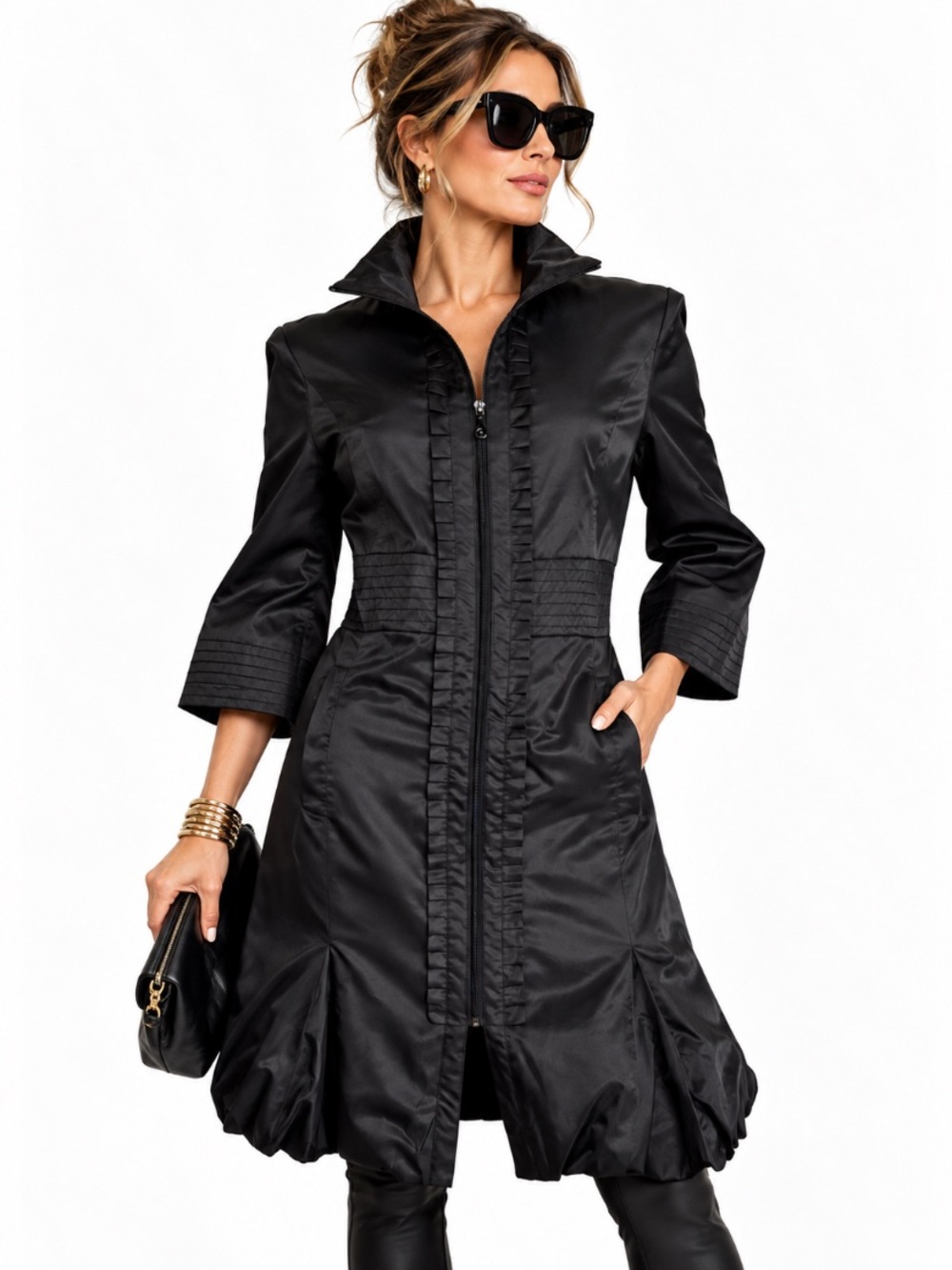 Samuel Dong Black Whimsygoth Witchy Romantic Zip Front Ruffle Trench Coat Size L